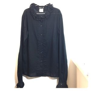 Agnes b Button down blouse with ruffle collar navy
